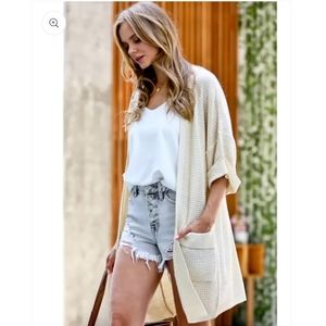 NEW LALA Factory Women's Small Cream Knit Dolman Sleeve Cardigan W/Pockets NWT